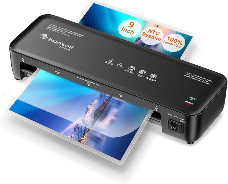 bonsaii Laminator, 9 Inch Thermal Laminator Machine with Never Jam Technology for Doc/Posters/Photo, Personal Laminating Machine Simple Convenient for Home, Office and School Black - Image 1